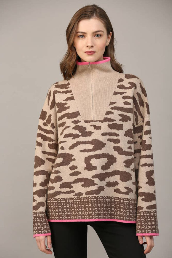 HALF ZIP WOOL BLEND LEOPARD SWEATER