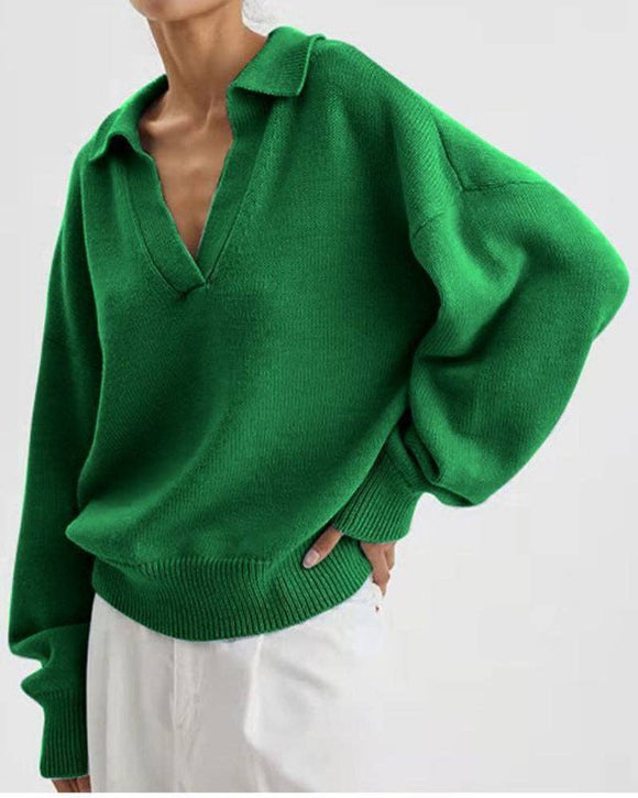 Ladies Solid Color V-Neck Knit Sweater Kelly Green