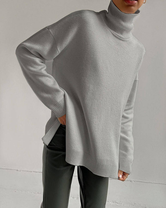 Ladies Solid Color Turtleneck Knit Sweater Light Grey