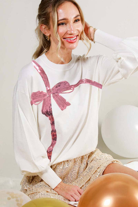 Bow Patch Sequin Embroidered Knitted Sweater