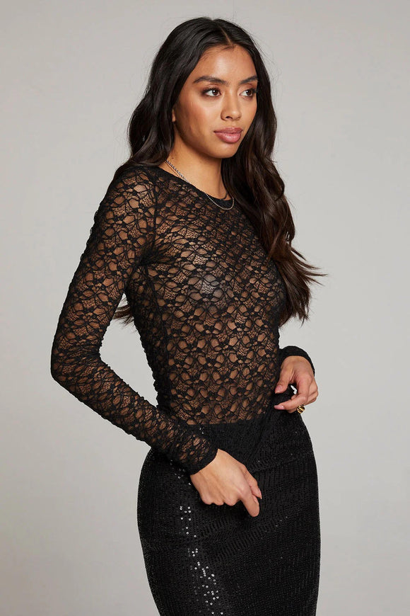 Kevin Long Sleeve Lace Top In Licorice