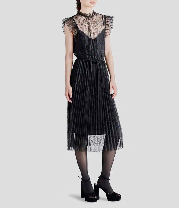 Izzo Lace Mock Sleeveless Pleated Midi Dress- Black